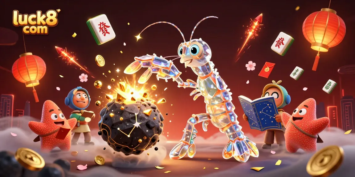 Explore riches at luck8 com with a thrilling cosmic casino scene featuring vibrant samurai mantis shrimp and starfish.