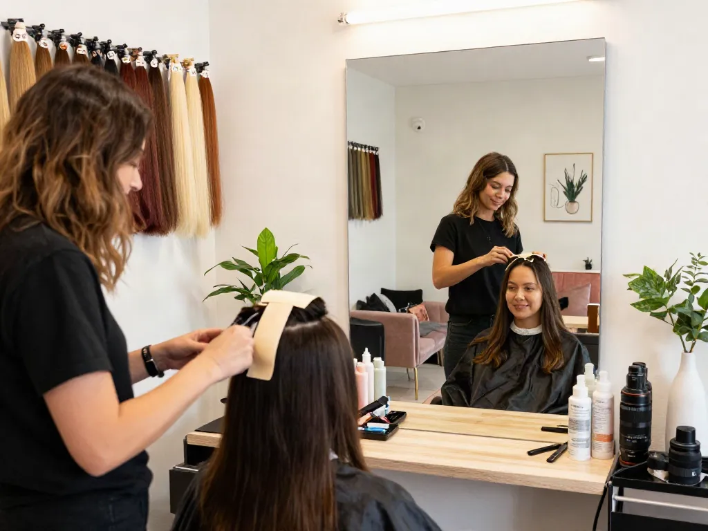 Tape in hair extensions application in a chic salon, showcasing vibrant colors and professional styling.