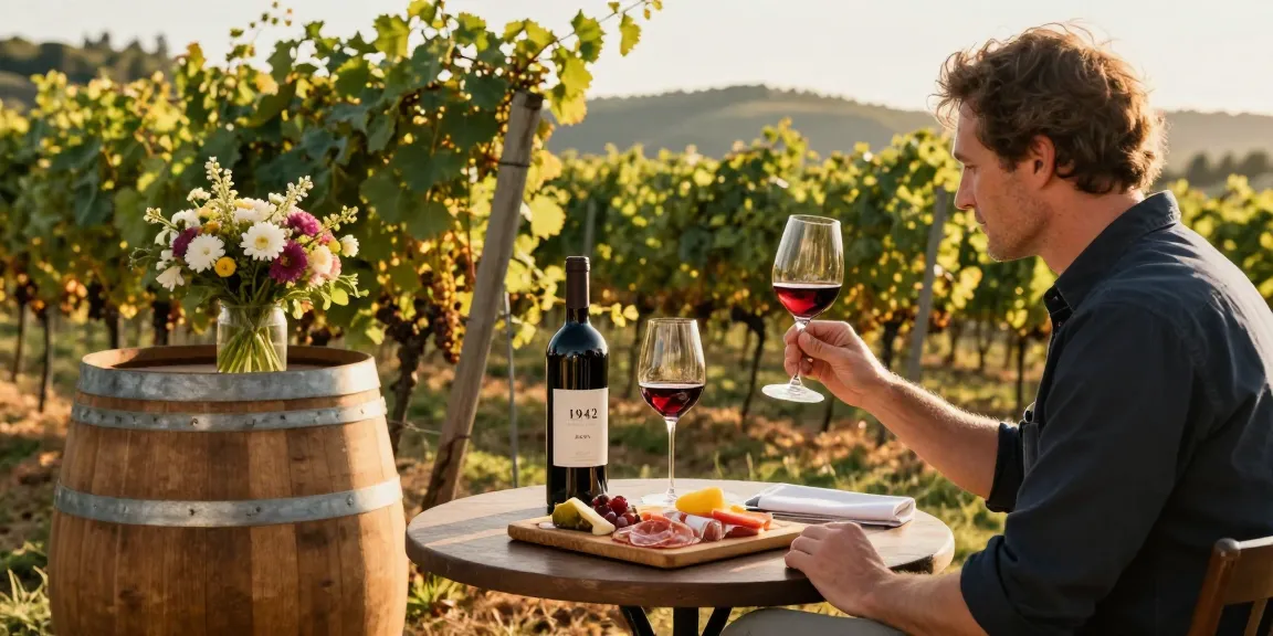 A connoisseur enjoying 1942 wine in a vineyard, with barrels and charcuterie board, during golden hour.