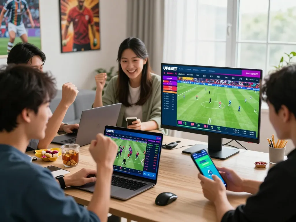 UFABET online betting platform with users celebrating wins on devices.