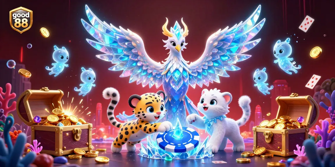Bask in the vibrant world of good 88, where an ice phoenix and snow leopard cub bring thrilling poker action to life amid radiant treasures and gaming elements.