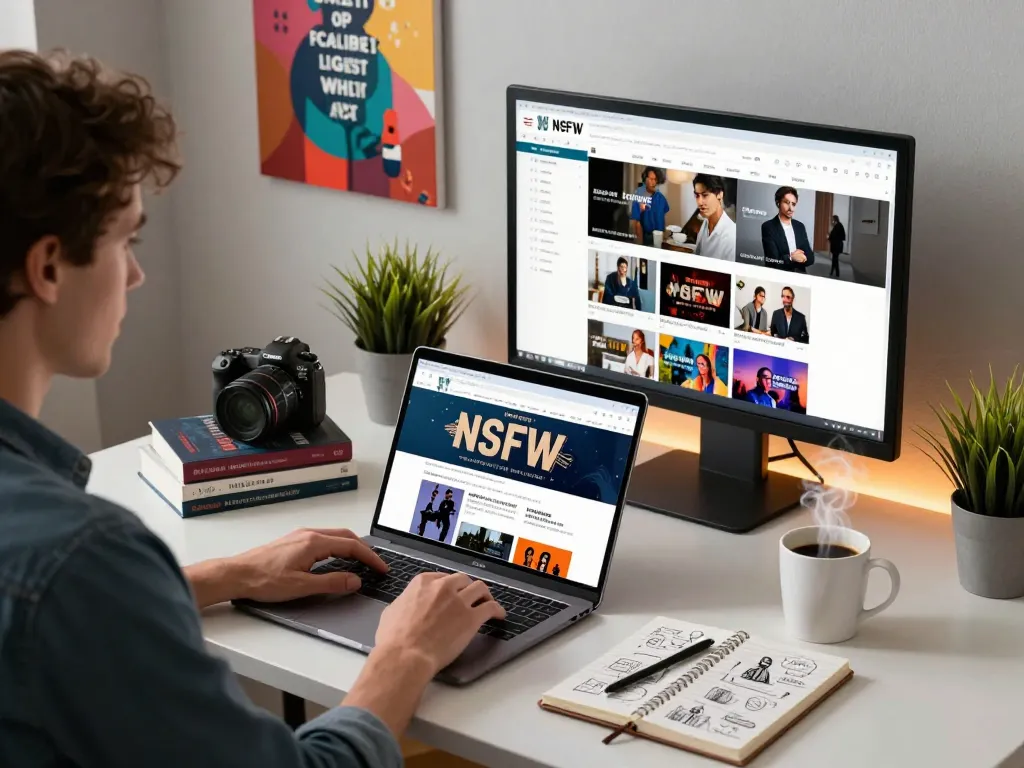 Person engaging with NSFW content in a modern digital workspace, highlighting online culture and safety awareness.