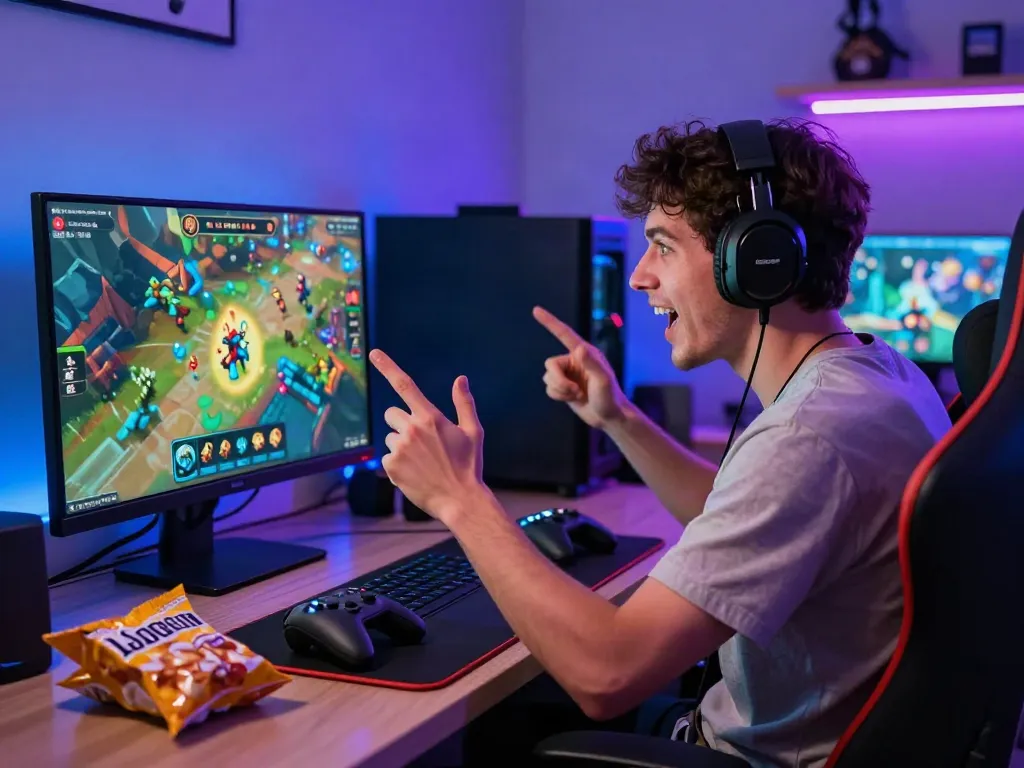 Excited gamer focusing on leveling up in rokok88 with vibrant graphics and quest icons