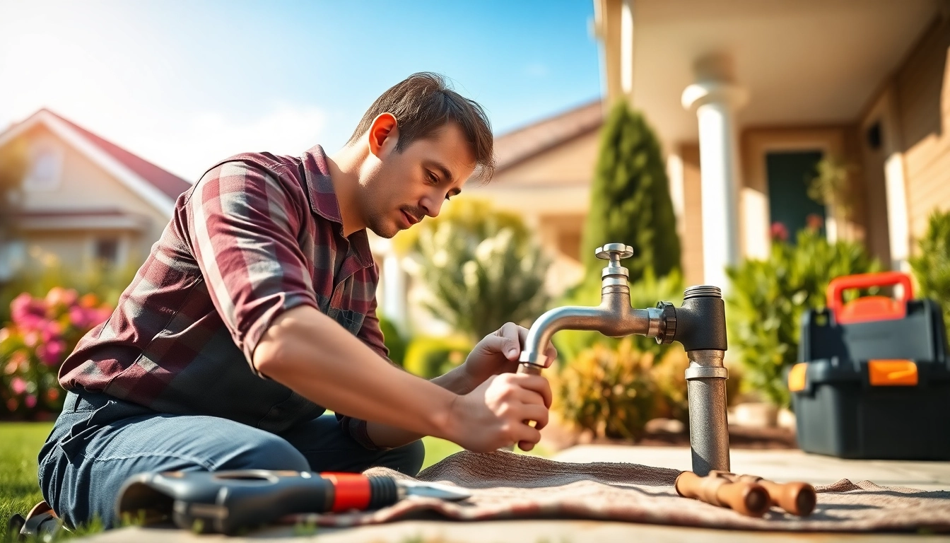 Find a qualified plumber near me fixing a faucet outside a charming home.
