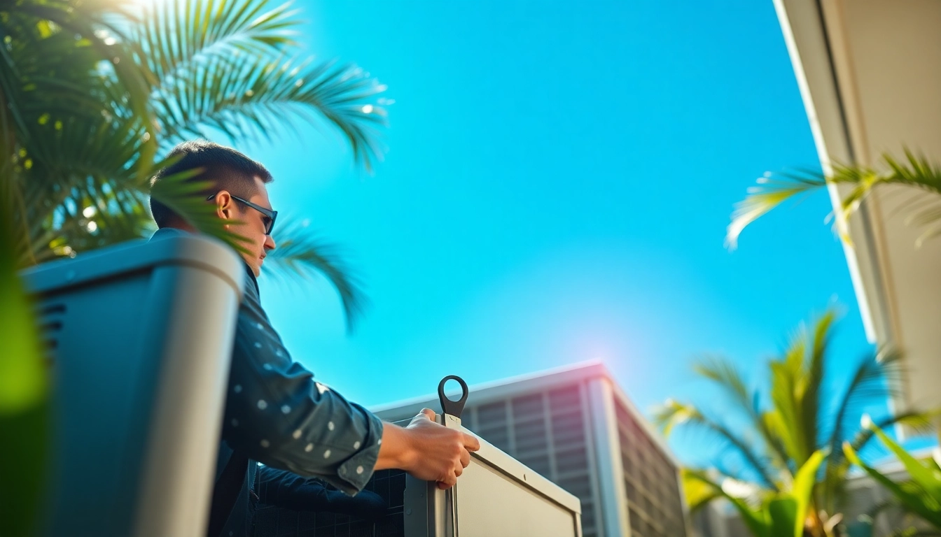 Technician providing Air Conditioning Repair Tampa services in a vibrant outdoor setting.