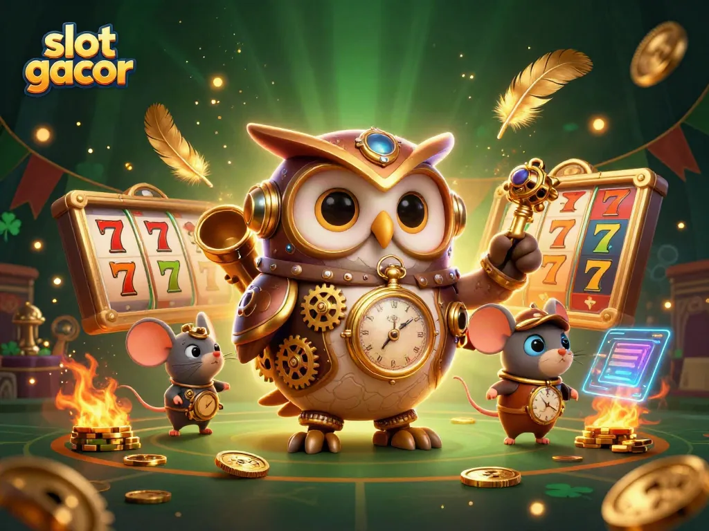 Experience slot gacor action with a steampunk owl, jackpot counters, and casino elements.