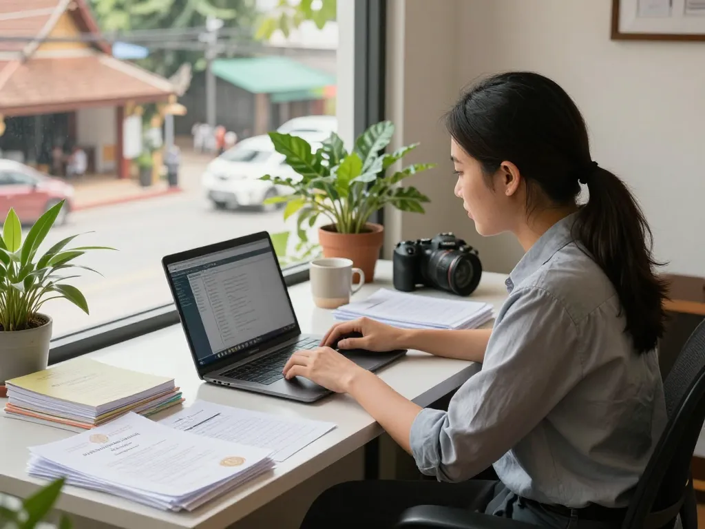 Translation Services in Chiang Mai, professional workspace with translator reviewing documents and software.