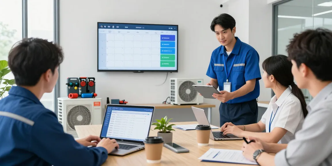 Efficient HVAC service software management scene with technicians scheduling and dispatching in a bright office.