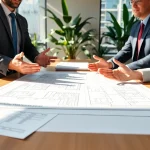 Manhattan General Contractor discussing plans with clients in a modern office environment.