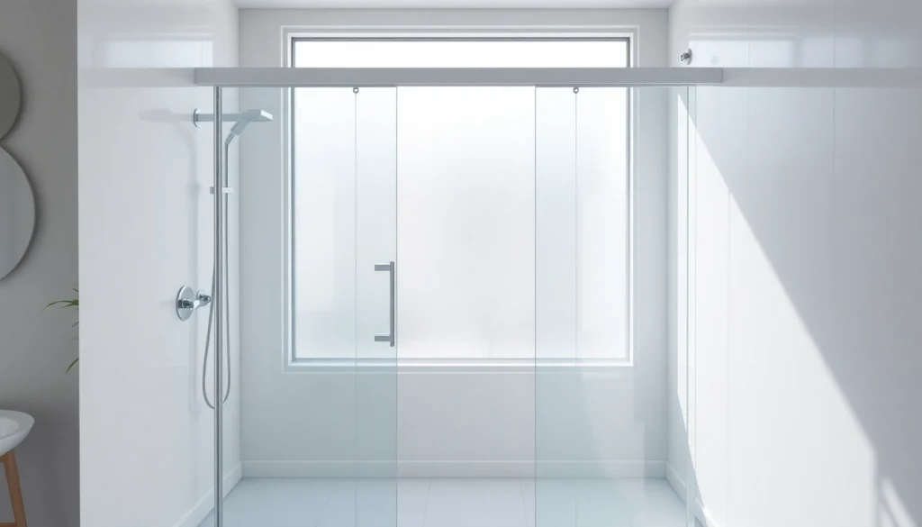 Shower doors sliding in a stylish bathroom with sleek glass design and reflective chrome features.