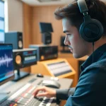 Engage with online mastering services as a professional engineer expertly adjusts audio in a studio setting.