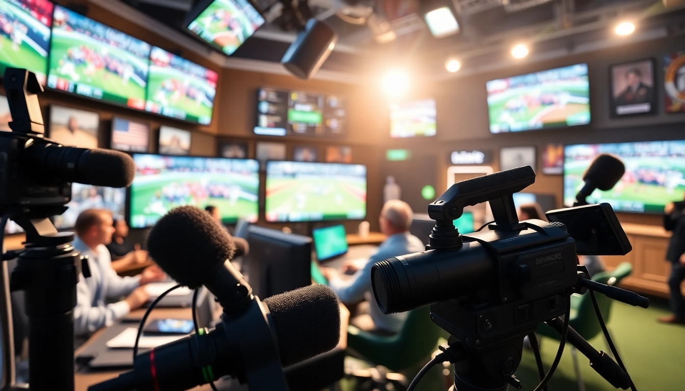 Dynamic scene of sports broadcasting with broadcasters, screens, and equipment in action.