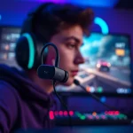Experience immersive audio with PRO60 Gaming Earbuds, showcasing their sleek design in a vibrant gaming environment.