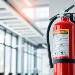 Ensure safety with an electrical fire extinguisher mounted prominently in a bright office.