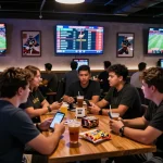 Fans enthusiastically placing bets at a man club sports lounge during a live match.