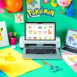 Vibrant crafting workspace featuring Pokemon SVG designs and Cricut tools