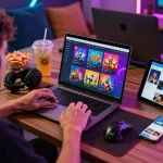 Engaging online gaming experience with Rikvip highlighted on a laptop, showcasing vibrant graphics and a cozy atmosphere.
