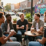 Men engaged in lively conversation at a café terrace, showcasing the manclub spirit of community.