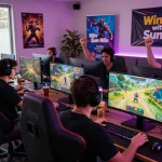 Engaged gamers experiencing thrilling gameplay on Sun Win platform, colorful monitors, and energetic atmosphere ignite excitement.