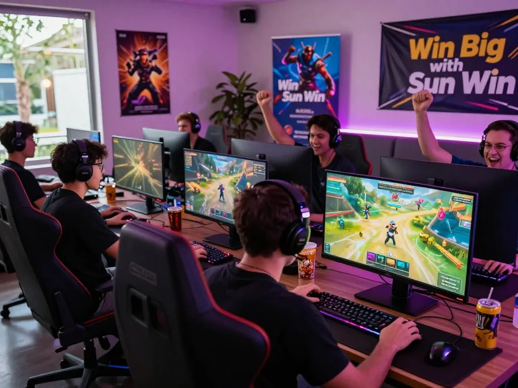 Engaged gamers experiencing thrilling gameplay on Sun Win platform, colorful monitors, and energetic atmosphere ignite excitement.