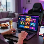 Player enjoying online gaming on Bomwin platform with vibrant visuals and snacks.