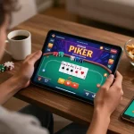 Engaging with FC88 online casino games on a tablet, depicting a lively poker interface.