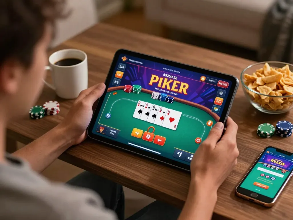 Engaging with FC88 online casino games on a tablet, depicting a lively poker interface.