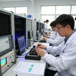 Engineer conducting ICES RF compliance testing in high-tech laboratory.