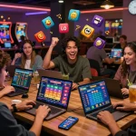 Exciting scene of players engaging in lô đề online betting, celebrating wins amidst a vibrant digital casino atmosphere.