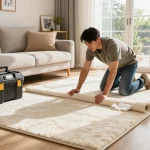 Carpet fitters near me installing luxurious carpet in a welcoming living room.
