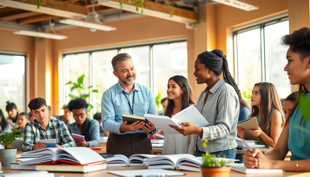 Engaging scene depicting toefl expert help with a tutor and students collaborating in a bright classroom.