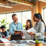Engaging scene depicting toefl expert help with a tutor and students collaborating in a bright classroom.