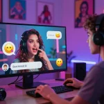 Engaging in a lively porn chat AI interaction with expressive digital character and vibrant virtual room atmosphere.