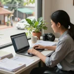 Translation Services in Chiang Mai, professional workspace with translator reviewing documents and software.