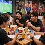 Judi Bola scene with friends at a sports betting venue analyzing odds during a live match.