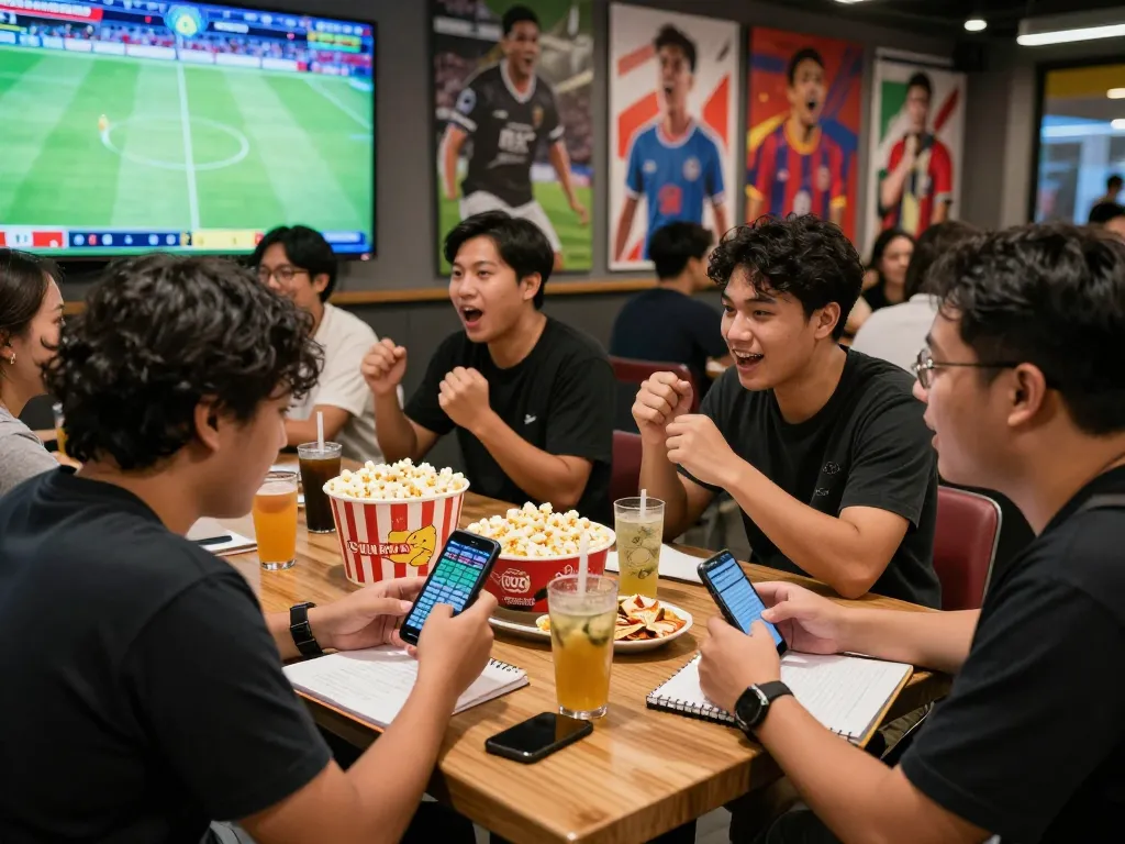Judi Bola scene with friends at a sports betting venue analyzing odds during a live match.