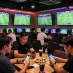 Suasana menarik para penjudi terlibat dalam Judi Bola Piala Dunia di lounge olahraga dengan layar pertandingan langsung.