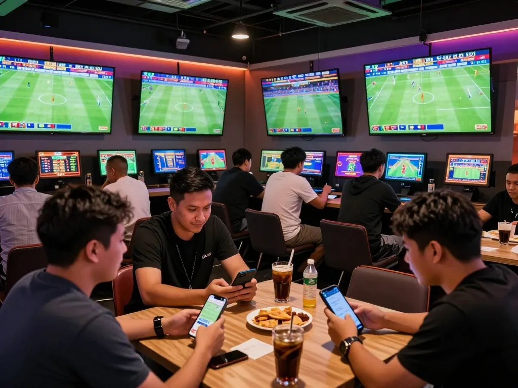 Suasana menarik para penjudi terlibat dalam Judi Bola Piala Dunia di lounge olahraga dengan layar pertandingan langsung.
