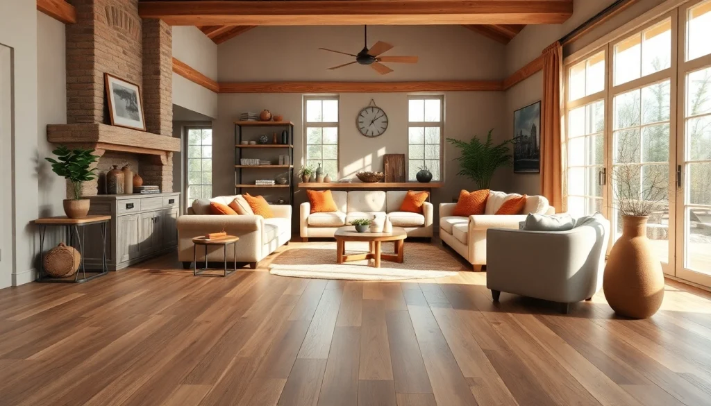 LVP waterproof flooring showcased in a stylish, rustic living room setting with natural lighting.