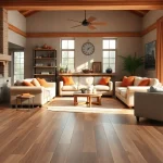 LVP waterproof flooring showcased in a stylish, rustic living room setting with natural lighting.