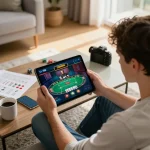 Engaging in live poker gameplay at lv88 casino on a tablet for an immersive online experience