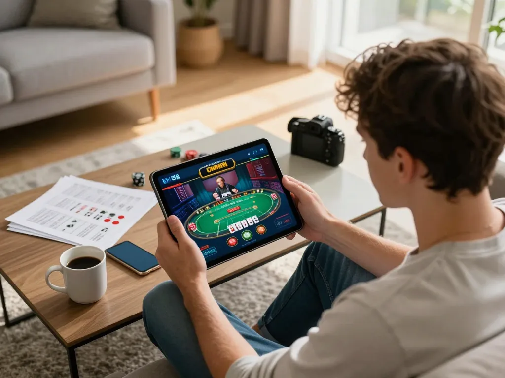 Engaging in live poker gameplay at lv88 casino on a tablet for an immersive online experience