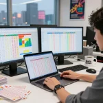 Analisis data HK Lotto di laptop dalam ruang kerja modern dengan grafik berwarna-warni.