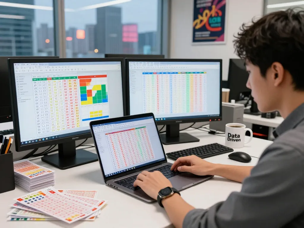 Analisis data HK Lotto di laptop dalam ruang kerja modern dengan grafik berwarna-warni.