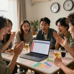 Teman-teman dengan antusias mendiskusikan hasil HK Lotto dengan tiket berwarna-warni dan laptop yang menampilkan undian langsung.