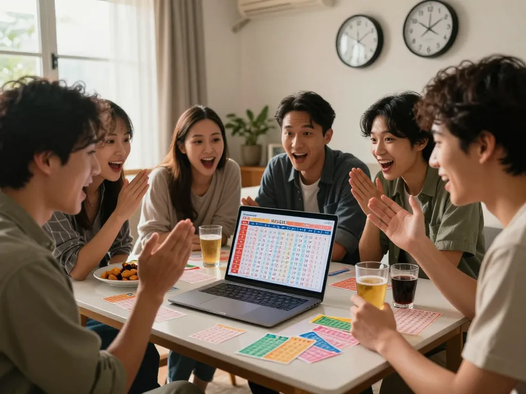 Teman-teman dengan antusias mendiskusikan hasil HK Lotto dengan tiket berwarna-warni dan laptop yang menampilkan undian langsung.