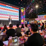 Kerumunan yang antusias di acara undian langsung HK Lotto merayakan momen kemenangan.
