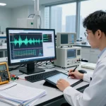 Choosing a digital oscilloscope for electronics, engineer analyzing signals in a high-tech lab.
