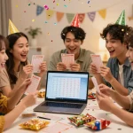 Teman-teman merayakan dan membandingkan tiket HK Lotto mereka dengan semangat di suasana yang meriah.
