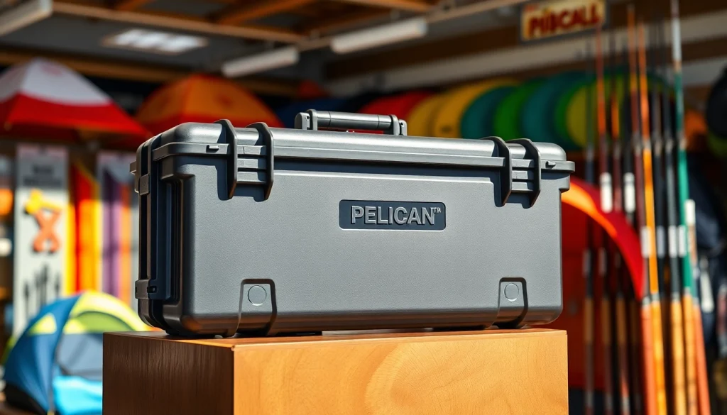 Examine a pelican gun case for sale, highlighting its durable design in a vibrant store setting.